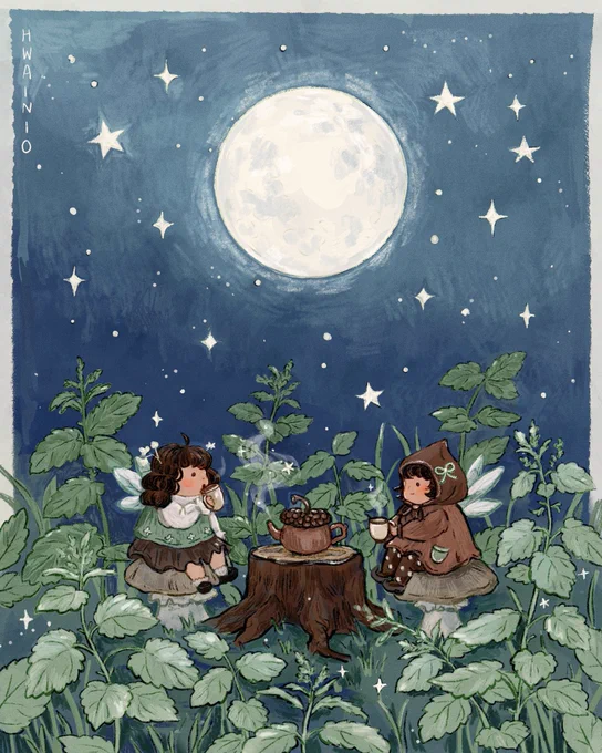 Fairies meeting under the moon for a cup of tea and a chat
