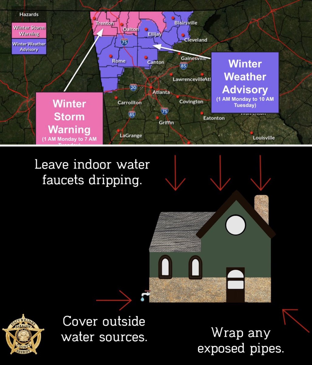 HaralsonSheriff's tweet photo. Good Sunday evening folks, we will be under a Winter Weather Advisory starting at 1 AM Monday into Tuesday. Following that, the arctic front will move in with some of the coldest weather since December of 2022.
#GoodnightHaralson
#WinterWeatherAdvisory
#WinterInGeorgia
#HCSO https://t.co/P5W0hVHtgN