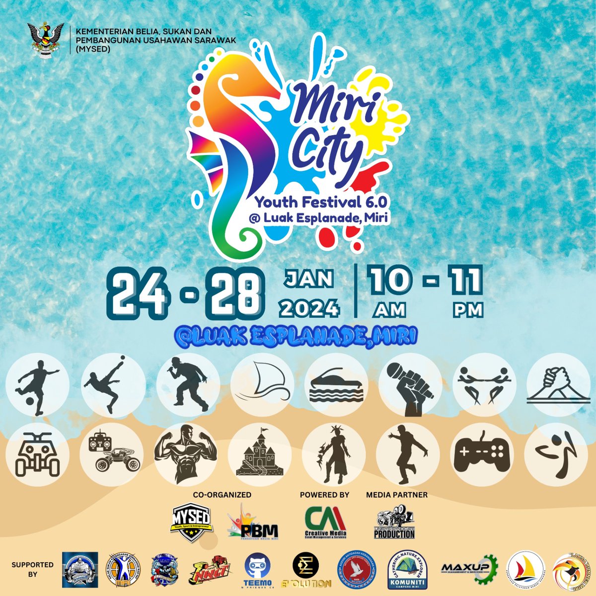 Have fun in the Miri sun at the MIRI CITY YOUTH FESTIVAL 6.0 at Luak Esplanade, Miri from January 24-28🏝️ officiated by <a href="/ybkarimhamzah/">Dato Sri Abdul Karim Rahman Hamzah</a>. #BESarawak #TribeLegacySarawak #MiriCityYouthFestival