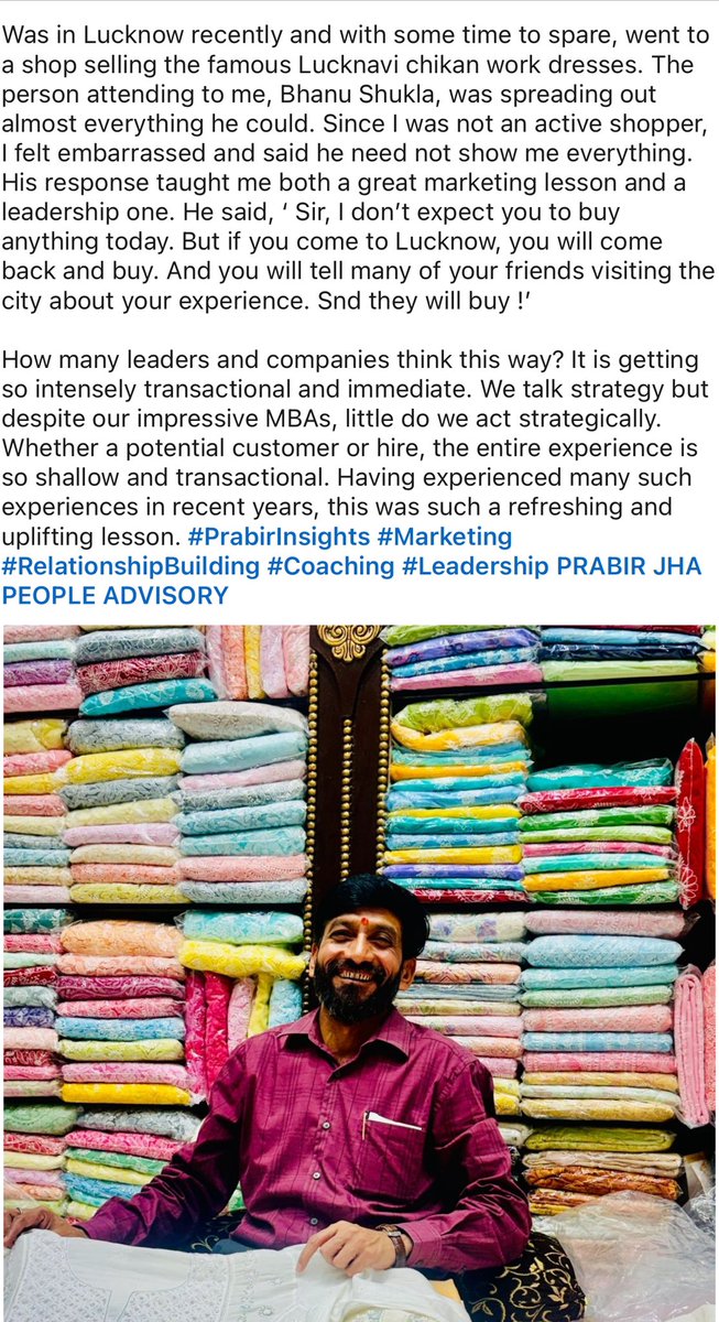 PrabirJha's tweet photo. #PrabirInsights #Lucknow #Chikan #ManagementLessons https://t.co/ihWSzBTVnF