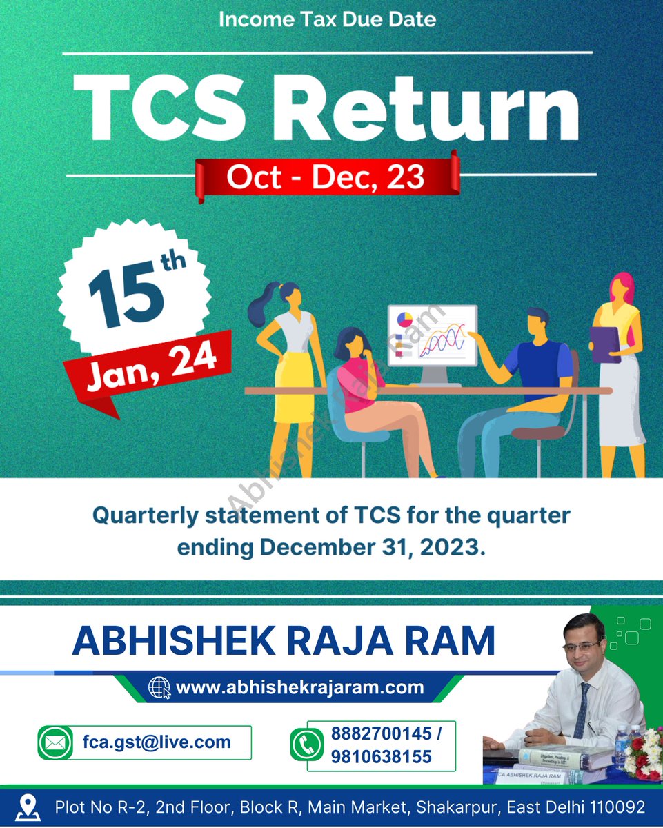 abhishekrajaram's tweet image. Income Tax Due Date
TCS Return Oct-Dec,2023

#TCSReturn #TaxCollectedAtSource #TCSCompliance #IncomeTaxIndia #TaxFiling #TaxationIndia #FinancialReporting