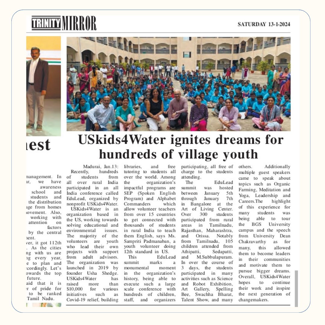 uskids4water's tweet photo. One of our volunteer's articles was featured in the Tamil newspaper Trinity Mirror (Makkal Kural). In the article, Sampriti writes about USKids4Water's mission and spotlights our recent EduLead summit and the impact it has had on our students. 

#english #writing #village https://t.co/4FOA3mfncf