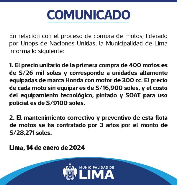 rlopezaliaga1's tweet photo. PRECIO DE CADA MOTO, DE 300 CC, ES 17 MIL SOLES. EL EQUIPAMIENTO PARA MOTO POLICIAL ES DE 9 MIL SOLES MÁS. LA MENTIRA DE ⁦@larepublica_pe⁩ Y DE ⁦@elcomercio_peru⁩ SE CAYÓ. NO HABRÁ MÁS MERMELADA, MENTIROSOS..! https://t.co/C4HQspCQan