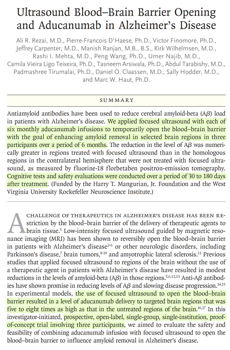 A very recent <a href="/NEJM/">NEJM</a> paper reviewed the use of focused ultrasound to the brain in 3 patients with Alzheimer's disease 
nejm.org/doi/full/10.10…
Now this is the focus of a <a href="/60Minutes/">60 Minutes</a> segment