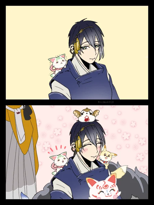 まだ三日月宗近の肩の上から離れるのが怖いまめちゃんを、まずは小さい動物たちから慣れさせていく作戦 