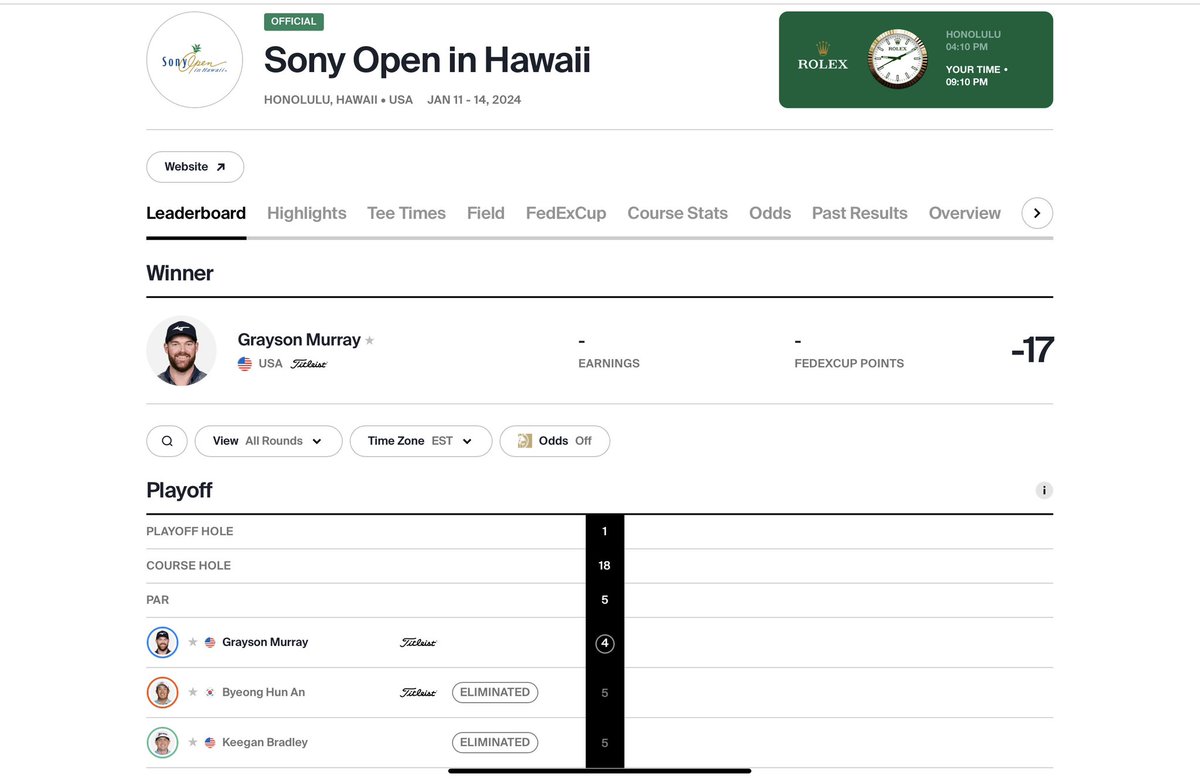 CrucibleGolf's tweet photo. Grayson Murray wins the Sony Open with an epic 39 foot putt! Wins in a playoff with Keegan Bradley and Ben An… Simply amazing! The hard road traveled yields the biggest win of his career… https://t.co/vuqJZUeull