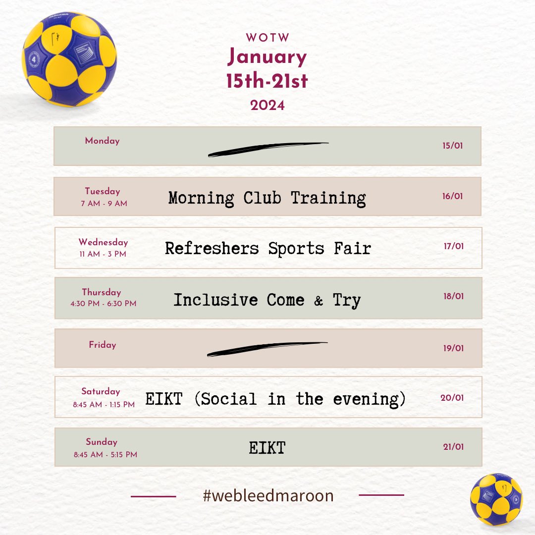 ✨What’s On This Week at Strathclyde Uni Korfball Club!✨

We have such an exciting week ahead with plenty of activities going on! Keep tuning in for more content🤩

#korfball #webleedmaroon #korflove #EIKT2024 #refresherssportsfair #strathsports #endlesskorfball