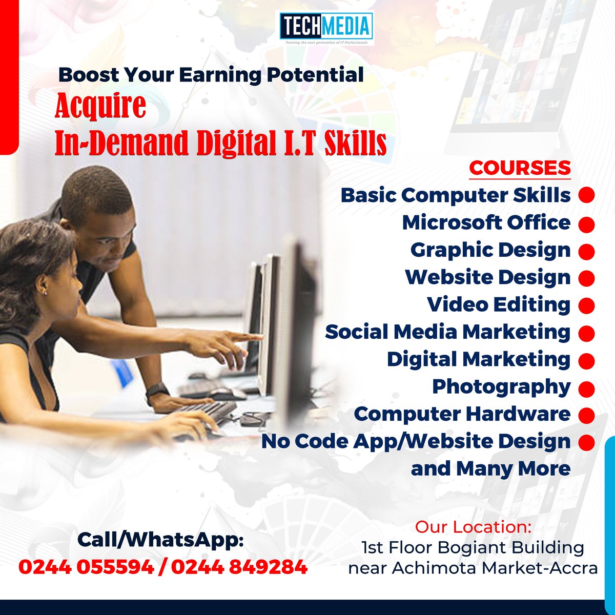 techmediagh's tweet image. Computer training 2024
Learn Digital skills
#computertraining
#computerschool
#graphicdesign
#ICTTraining
#MicrosoftOffice
#ictbasic
#videoediting
#achimota
#accraghana