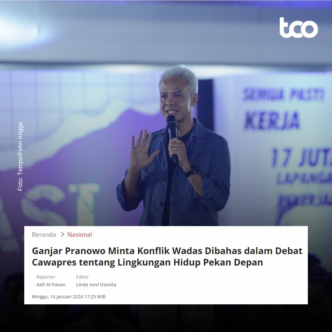 tempodotco's tweet photo. Calon presiden Ganjar Pranowo mengatakan wakilnya, Mahfud Md, tidak ada persiapan khusus untuk mengantisipasi pertanyaan soal konflik penambangan di Desa Wadas, Purworejo, Jawa Tengah, yang terjadi ketika dirinya menjadi gubernur.
#TempoHeadliner #Wadas #Ganjar https://t.co/pyYS3QztzY