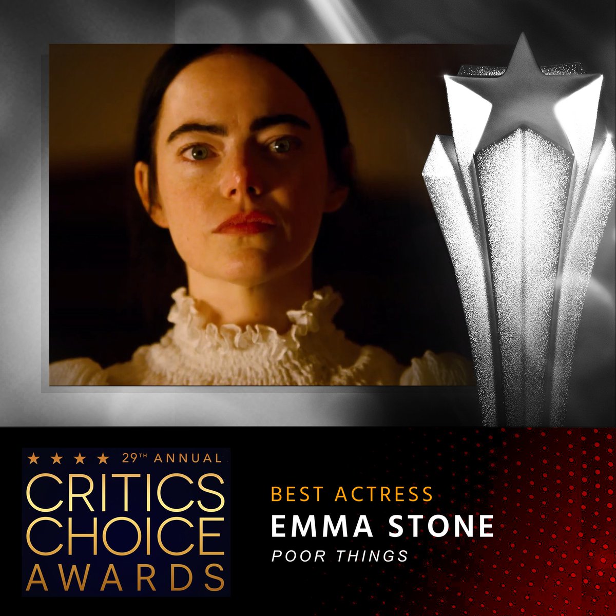 Critics Choice Awards (@criticschoice) on Twitter photo Congratulations to Emma Stone, winner of the #CriticsChoice Award for BEST ACTRESS for her role in “Poor Things”⭐️
#CriticsChoiceAwards #PoorThingsFilm <a href="/PoorThingsFilm/">Poor Things</a> Congratulations to Emma Stone, winner of the #CriticsChoice Award for BEST ACTRESS for her role in “Poor Things”⭐️
#CriticsChoiceAwards #PoorThingsFilm <a href="/PoorThingsFilm/">Poor Things</a>