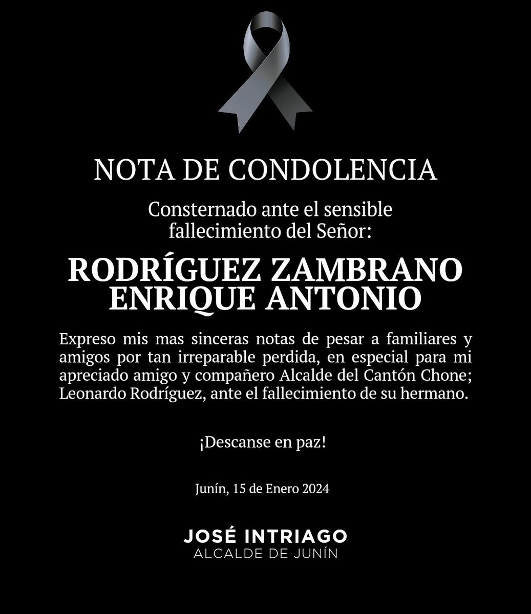 Mis más sinceras notas de pesar para toda la familia en estos momentos de dolor, en especial para el compañero <a href="/leochoneresurge/">Leonardo Rodríguez</a>, Alcalde del Cantón Chone. 

🕊🤍🖤