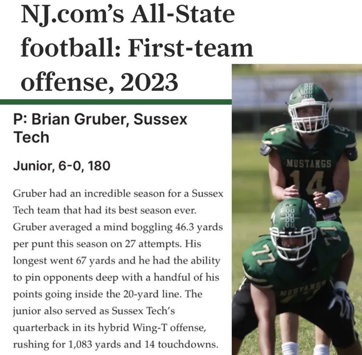 First Team All State New Jersey 
Average of 46.2 yards per punt and 1296 yards on 28 punts. #1 ranked punter in the state of New Jersey