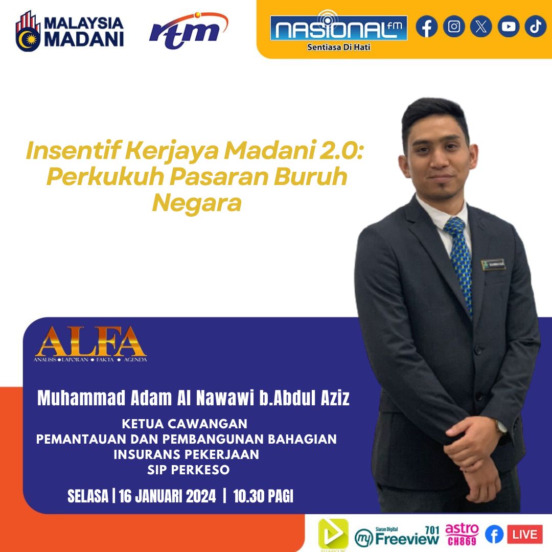 PERKESOofficial's tweet photo. Ikuti bual bicara ALFA bersama Encik Muhammad Adam Al Nawawi bin Abdul Aziz, Ketua Cawangan Pemantauan & Pembangunan Bahagian Insurans Pekerjaan (SIP), PERKESO.
PERKESO itu Prihatin, Prihatin itu PERKESO
#PERKESOPrihatin #BualBicara #Nasionalfm #KerjayaMadani2 #Belanjawan2024 https://t.co/QzUgwCzpzm