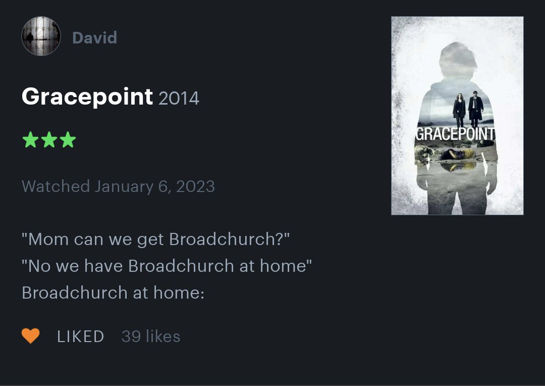 OhBonfire's tweet image. My favorite review of Gracepoint 😆