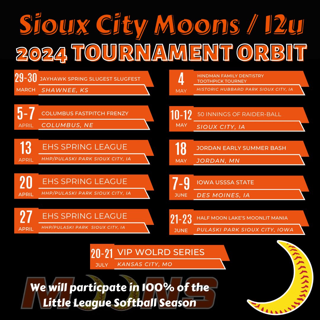siouxcitymoons's tweet photo. Sioux City's NEW Home for Competitive Fastpitch Softball❗ The Sioux City Moons 2024 Tournament Orbits❗ 🤟🥎🌙🥎🌙🥎 #EastsideProcess #SoftballSiouxCityStyle❗ https://t.co/7SoQD17NK7