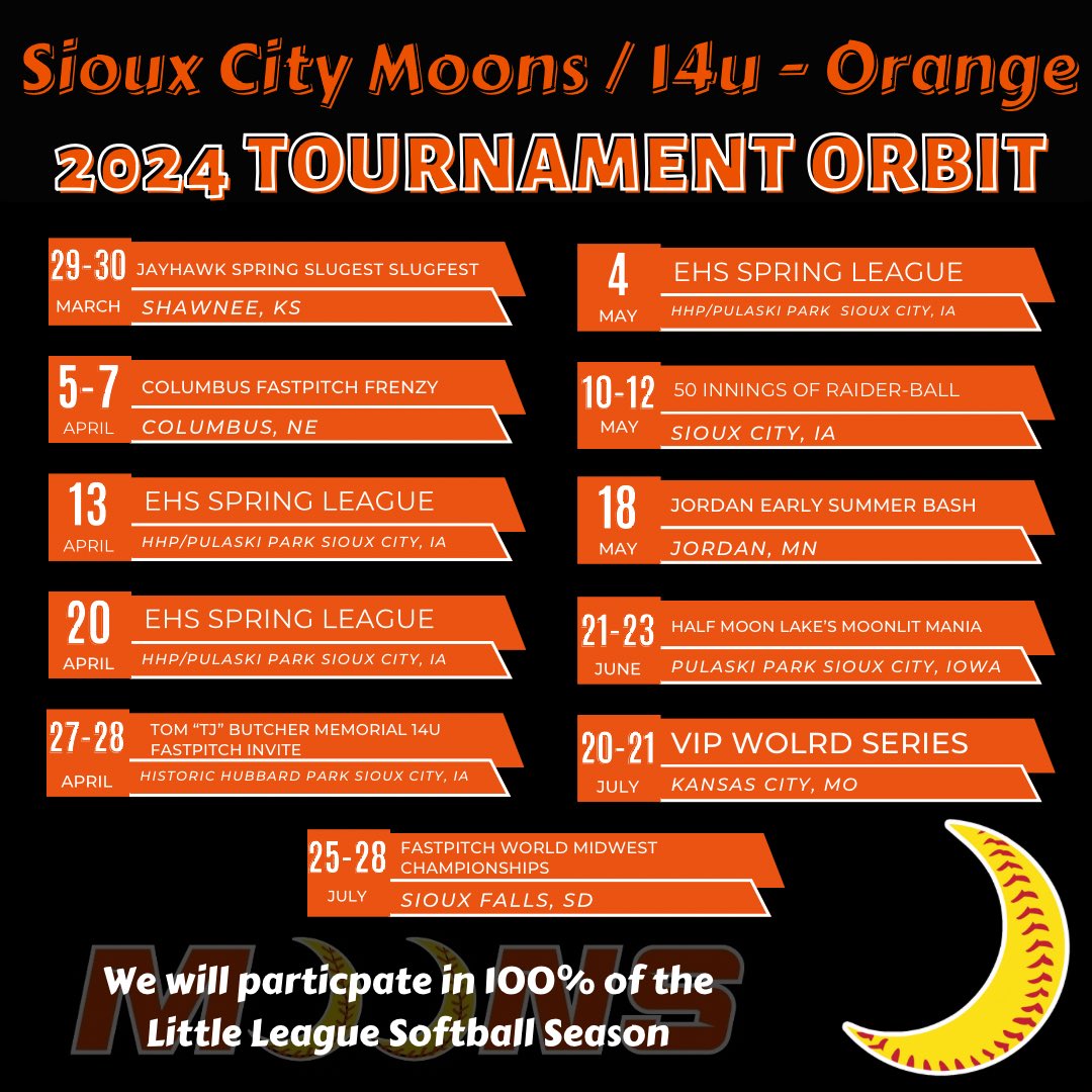 siouxcitymoons's tweet photo. Sioux City's NEW Home for Competitive Fastpitch Softball❗ The Sioux City Moons 2024 Tournament Orbits❗ 🤟🥎🌙🥎🌙🥎 #EastsideProcess #SoftballSiouxCityStyle❗ https://t.co/7SoQD17NK7