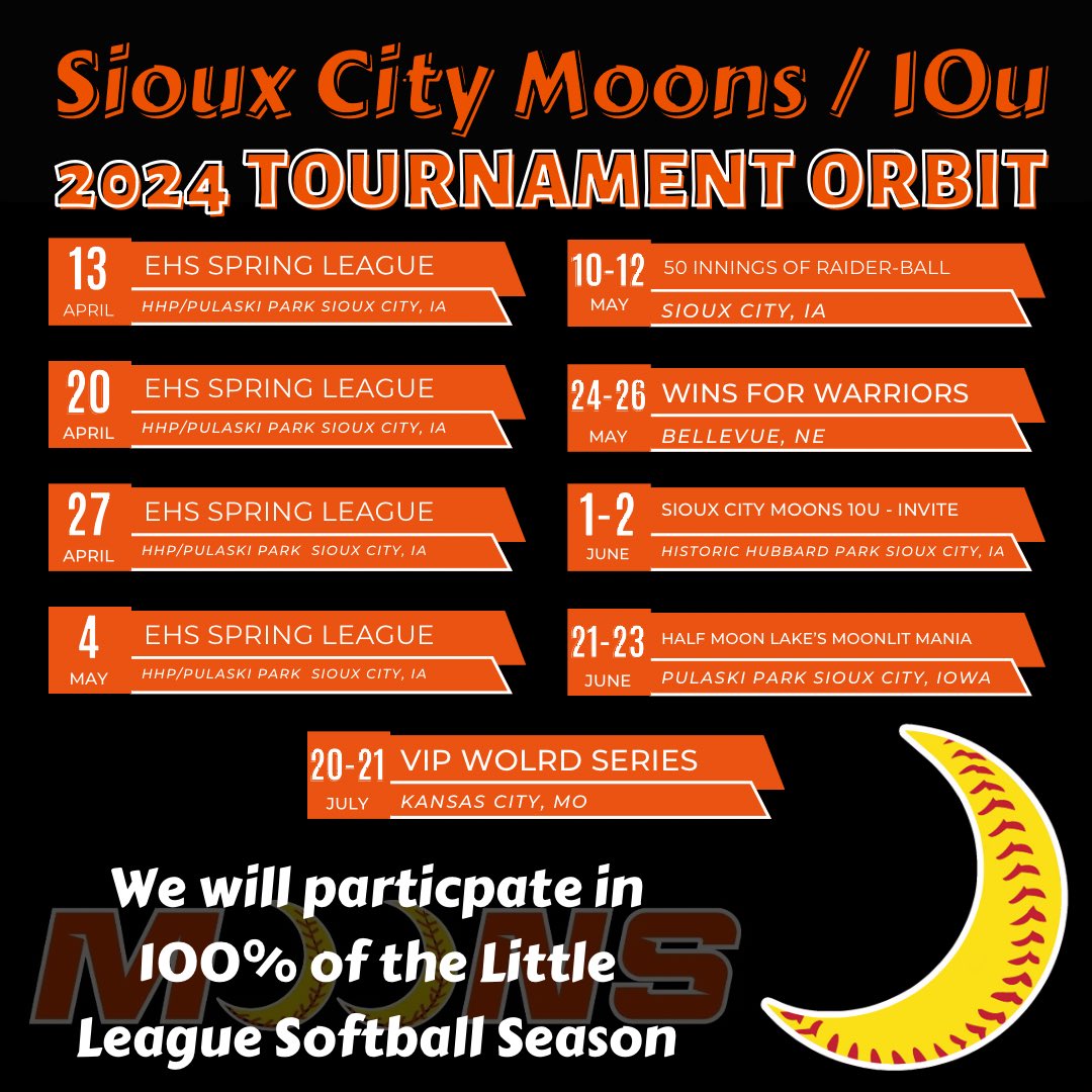 siouxcitymoons's tweet photo. Sioux City's NEW Home for Competitive Fastpitch Softball❗ The Sioux City Moons 2024 Tournament Orbits❗ 🤟🥎🌙🥎🌙🥎 #EastsideProcess #SoftballSiouxCityStyle❗ https://t.co/7SoQD17NK7
