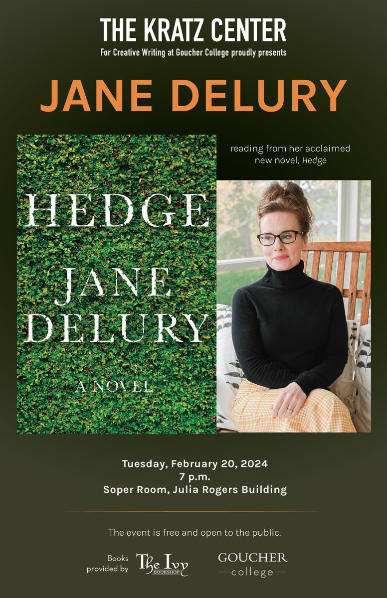 KratzCenter's tweet photo. We are honored to host author Jane Delury for a reading from her newest novel, "Hedge"! The reading will be held in the Soper room on February 20th at 7 P.M. https://t.co/SHFwOQQKhb