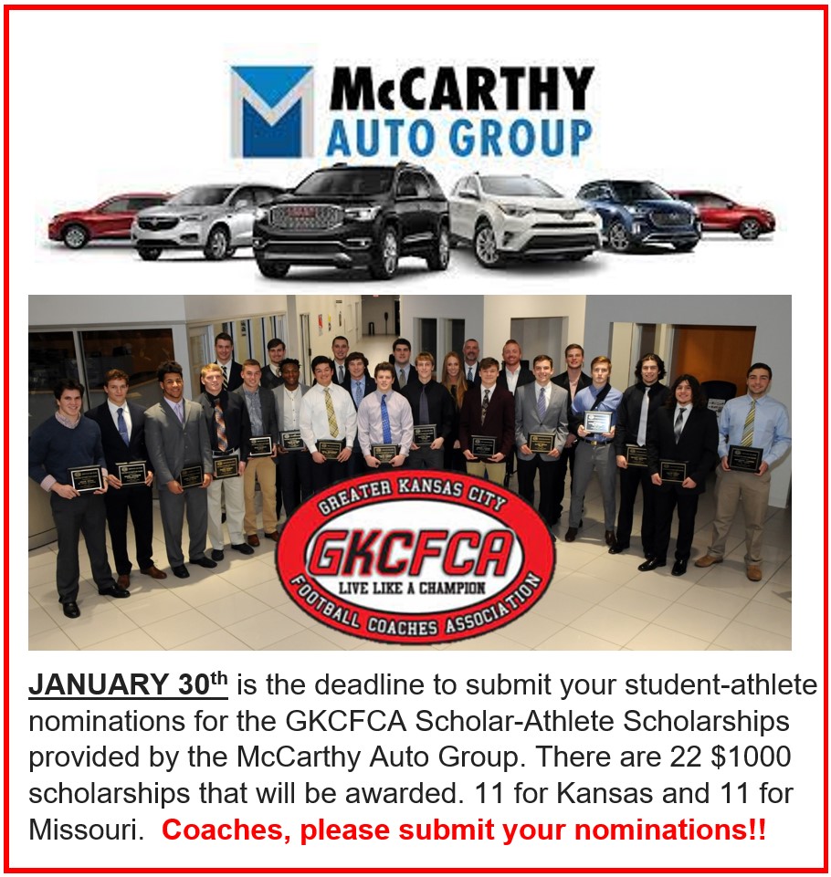 Coaches don't forget to get your nominations in for the 22 $1,000 McCarty Auto Scholarships available; forms can be completed online: gkcfca.org/scholar-athlet…