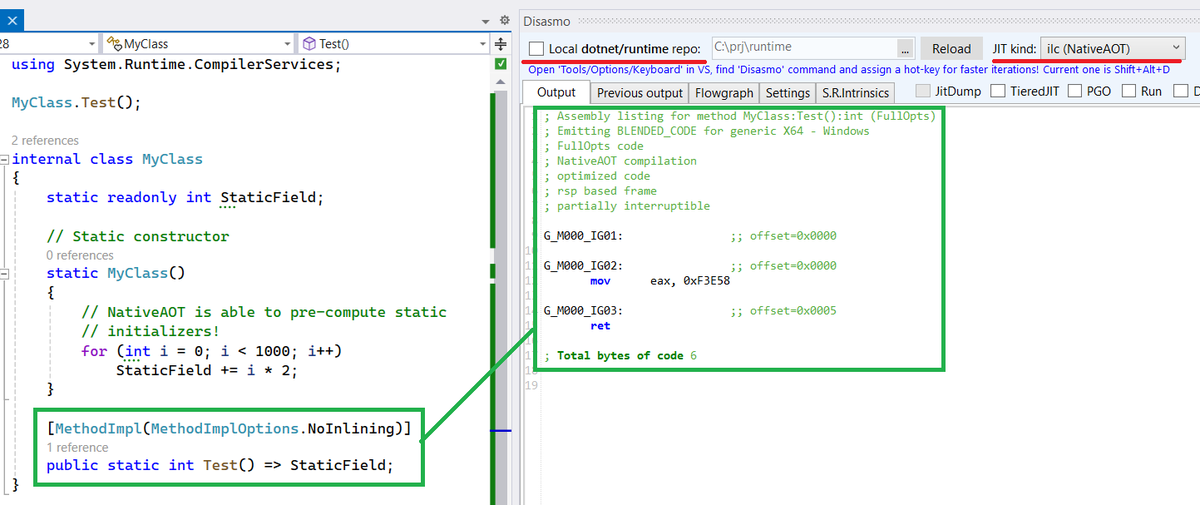 New release of Disasmo supports NativeAOT without custom runtimes! Just put your cursor on any method and click Shift+Alt+D! (after Disasmo VS add-in is installed of course 😉)