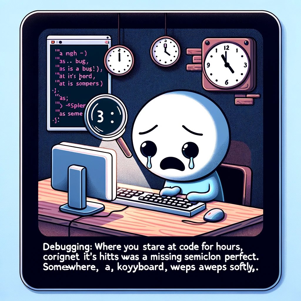 Debugging: Where you stare at code for hours, convinced it's perfect. 
Then it hits you at 3 AM. 
The bug was just a missing semicolon. 
Somewhere, a keyboard weeps softly.
