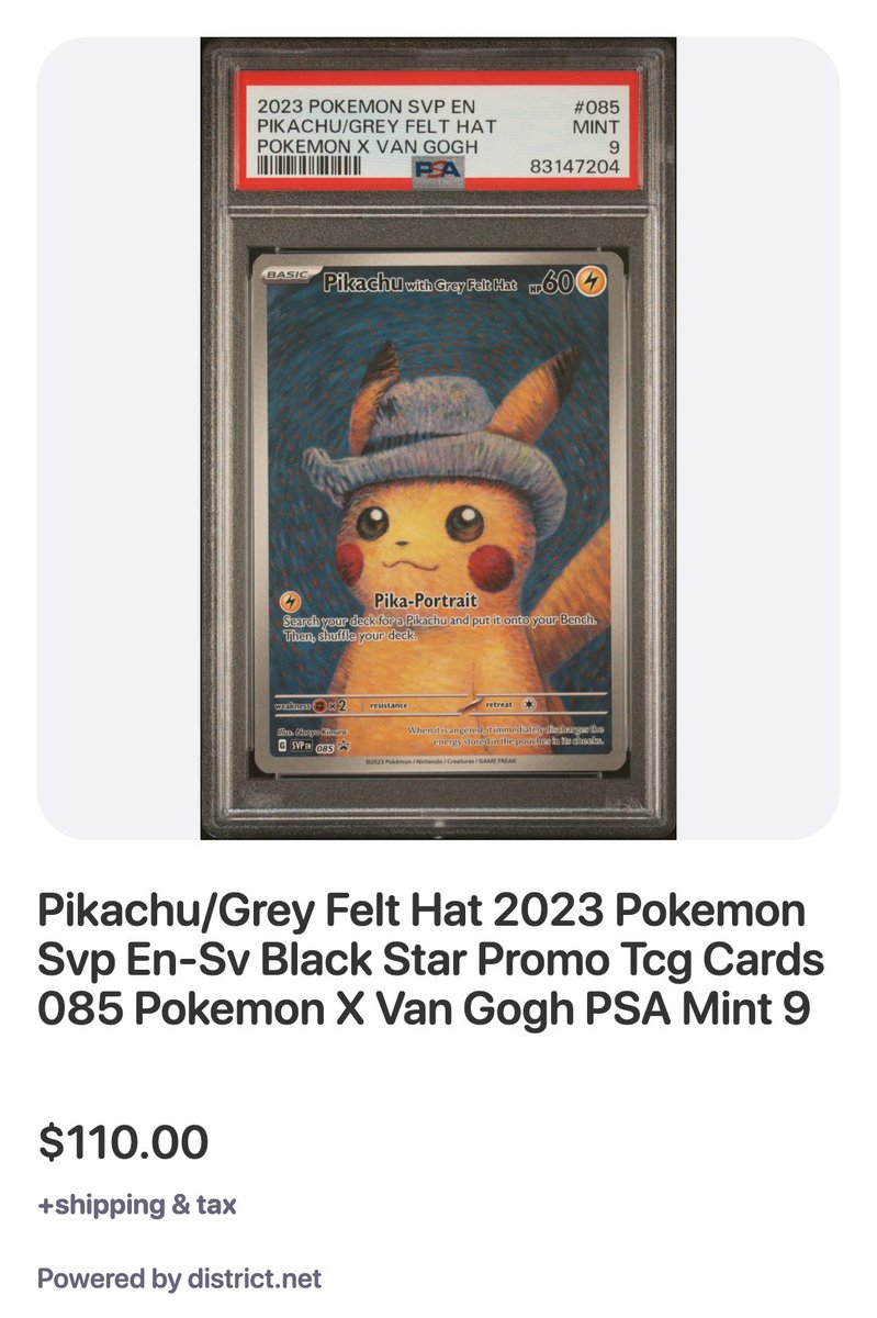 up2latemusic's tweet photo. 1 more below comps. User referral code UP2LATE at check out for $5 off for 1st timers. Pikachu/Van Gogh PSA Mint 9 #claim 25610: Follow and reply with #claim to purchase! @BUYSELLTRADETCG
@TattooedBST @FTC_MARKET @CardboardBanger @CardboardEchoes @Poke_Shares #Pokemon #PokemonTCG https://t.co/5UPBsbqBtI