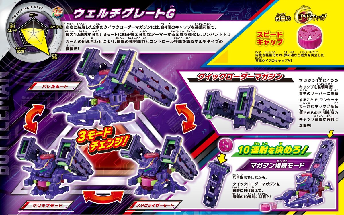 takaratomytoys's tweet photo. ＼#ボトルマン 新商品情報／
脅威の連射能力とコントロール性能を誇るマルチタイプの機体！
「BOT-65 ウェルチグレートG」情報公開！
最大10連射が可能で3モードに組み換え可能なアーマーが安定性を強化させる🔥

タカラトミーモールでも予約開始👇
https://t.co/EXyzKGXcVm https://t.co/cB8ASJuEEV
