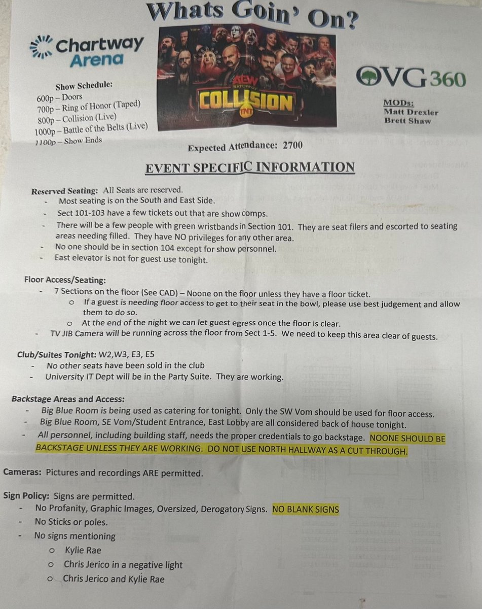Last night at #AEWCollision somebody working in the arena leaked this paper of banned signs prohibited at the bottom. 

Apparently CM Punk signs were also confiscated during the show. 

Yikes😬

#aewnews #aew #wrestlingnews #werwrestling #prowrestling