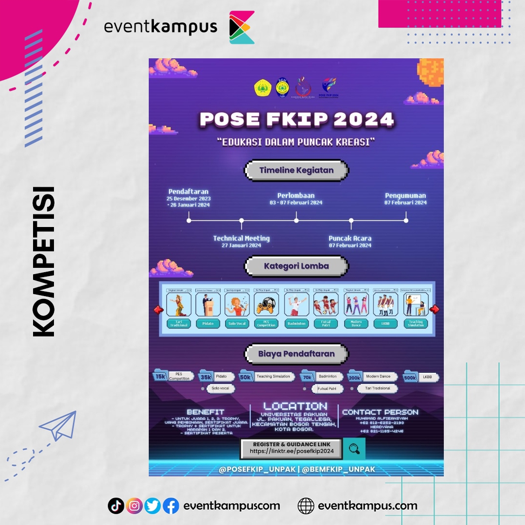 ✨ OPEN REGISTRATION POSE FKIP 2024✨

Hai guys, akhirnya yang kalian tunggu-tunggu telah tiba. POSE FKIP 2024 dengan tema "Edukasi dalam Puncak Kreasi" membuka Pendaftaran perlombaan.

eventkampus.com/e/4492