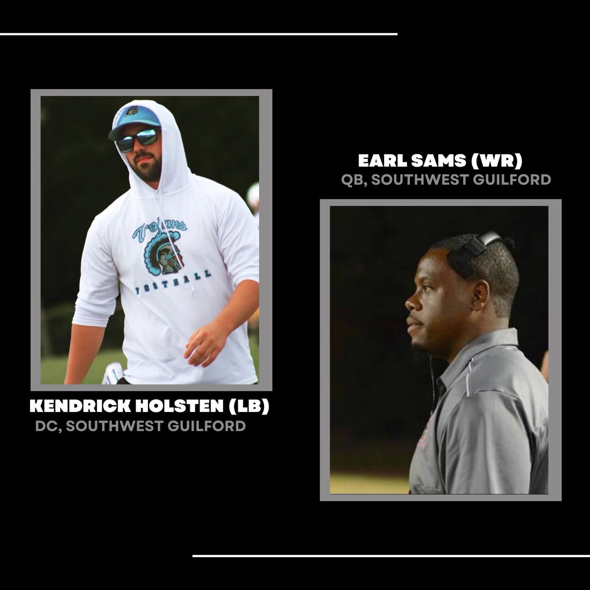 Introducing the coaching staff for Team North Carolina! Antonio Hall--OC/QB @AntonioHall336 Kerry Graves--DC/DB @33D3gr33s Brandon Negron--STC/RB Ryan Carter--OL @CoachCarterMHS Kendrick Holsten--LB @CoachKendrickH Earl Sams--WR @Coachsams25 Jalen Williams--DL