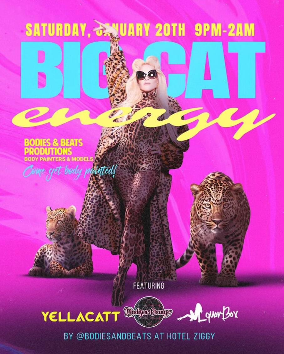 BodypaintMee's tweet photo. Your favorite #bodypaint party is back at Hotel Ziggy in Weho this Saturday January 20th! We’re bringing that Big Cat Energy this time around so you know it’s gonna be ✨🔥😻🔥✨Grab your tickets meow!!

https://t.co/NWldTFLugz https://t.co/QaWzbmmxCi