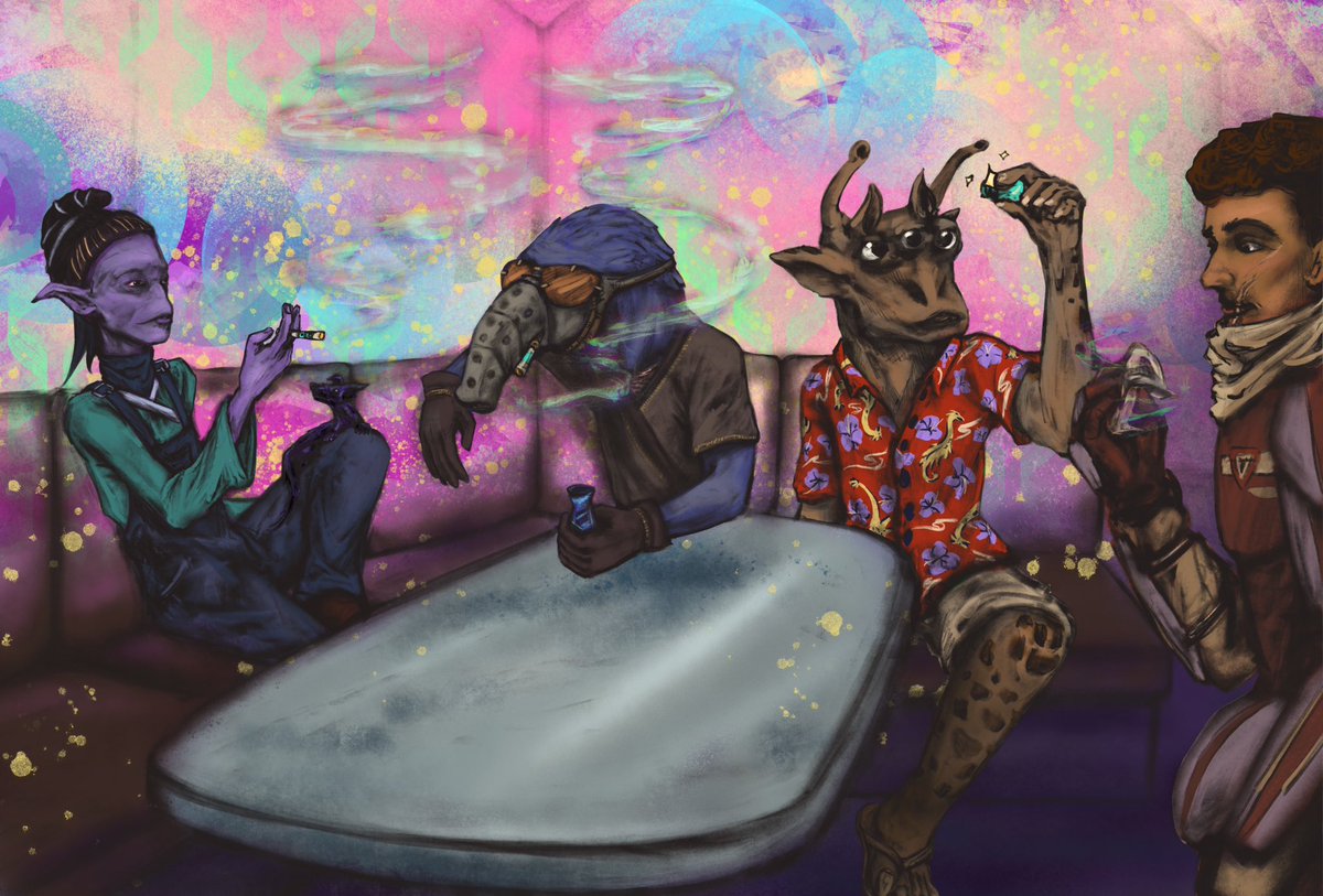 DistraKit's tweet photo. A scene from a ttrpg game I was in a little while ago that I never got around to sharing. A little bit of… relaxation… at the cantina for our characters. 

#swrpg #starwarsrpg #digitalart #gossam #rpgcharacterart https://t.co/2OaLnNQt2r