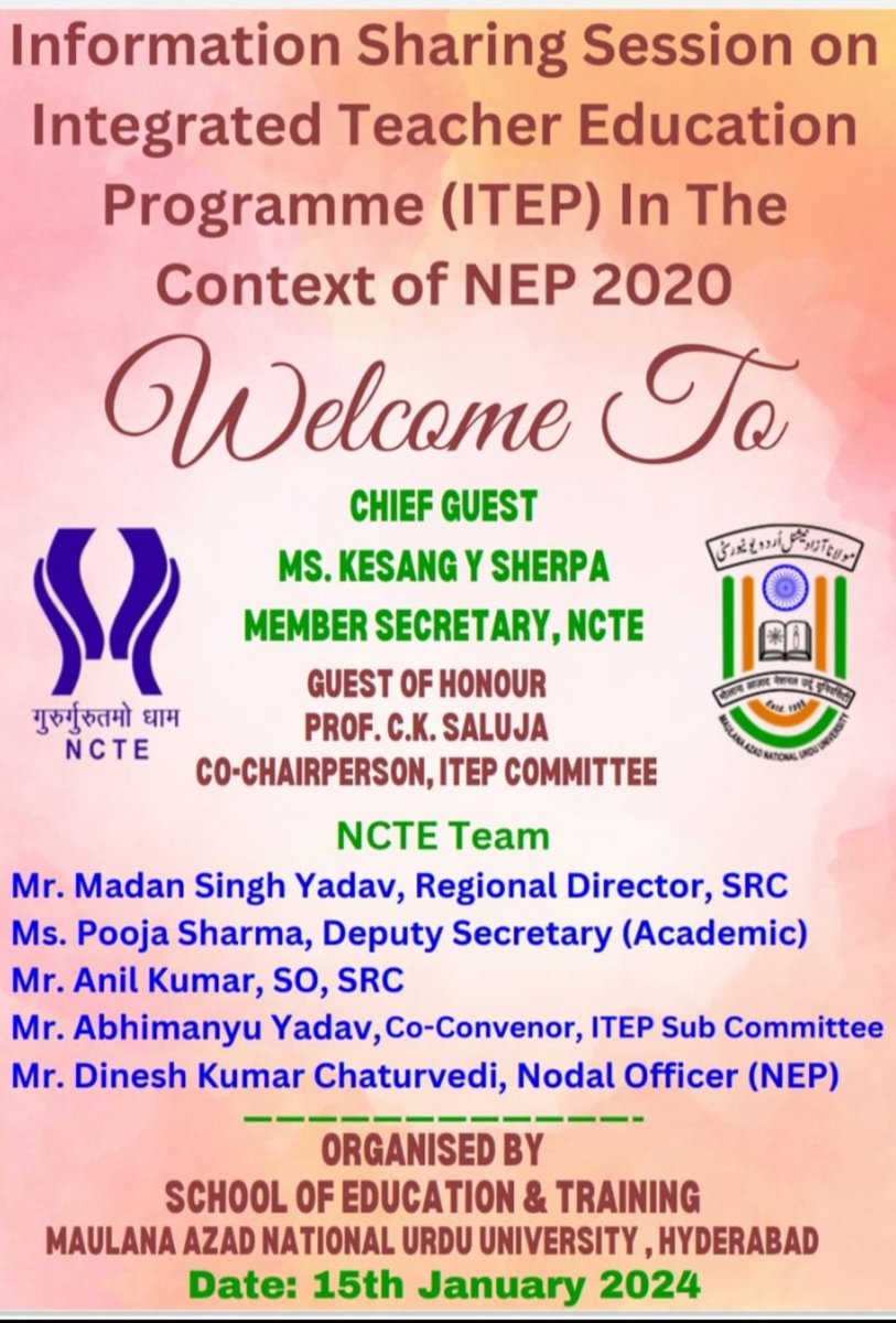 AtieqUl's tweet photo. Many many congratulations to all the stakeholders of the Department of Education and Training MANUU Hyderabad for organising such an interactive session on ITEP in the context of 2020. NEP 2020 is the backbone of the nation in the coming years. https://t.co/ATSPUnuI7R
