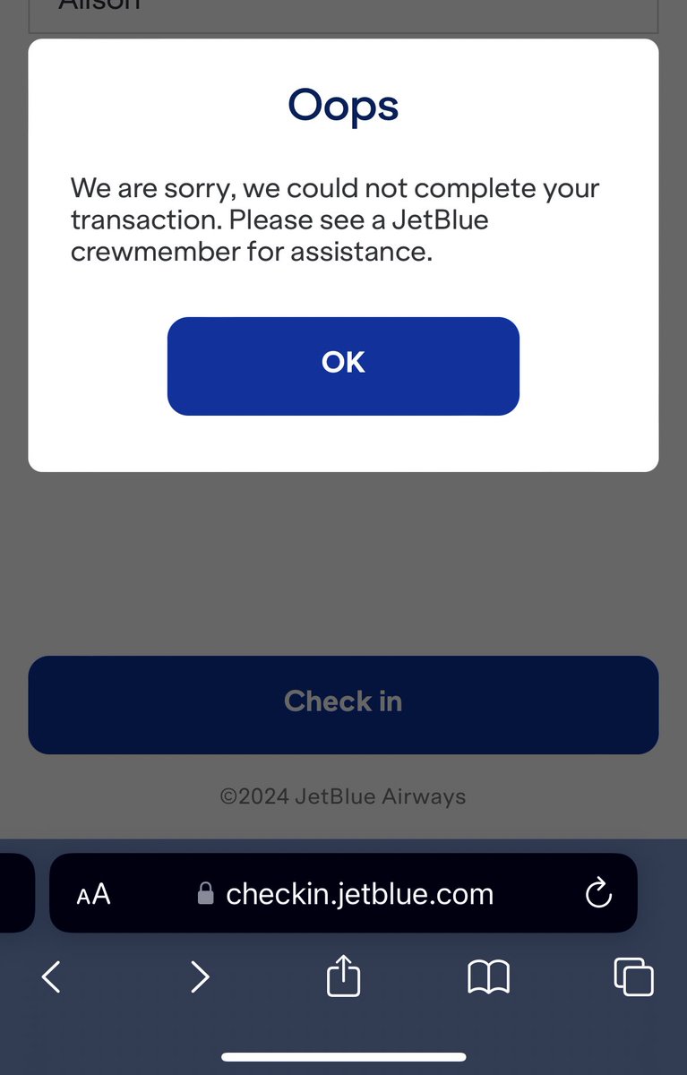 alsbobs's tweet photo. @JetBlue can’t check in! Can you help? Do we need to do this 3 hours before our flight departs? https://t.co/RfkcCTWilM