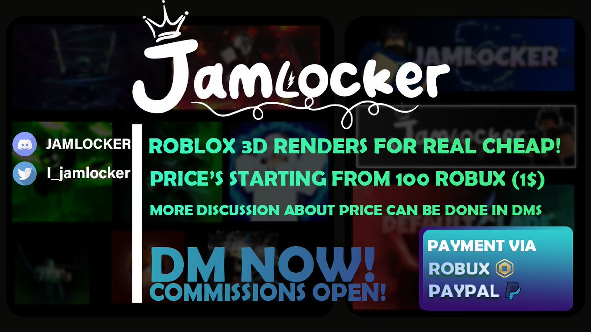 I_jamlocker's tweet photo. New roblox GFX commission sheet :)
SLIDE SOME COMMISSIONS YALL LEME EARN!

(note:the price can vary its just the cheapest price)

#roblox #robloxgfx #blender #commission #GFXroblox #robloxgames #gameicons #GFX https://t.co/xlk6GquXjA