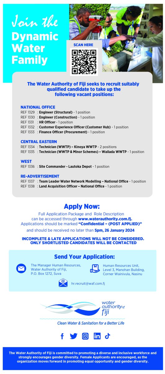 waf_fiji's tweet photo. The Water Authority of Fiji (WAF) seeks to recruit suitably qualified candidates to take up the following vacant positions;
For more information and to view the position descriptions, please go to our website;
🌐https://t.co/UGwbm4OHUx
#TeamWAF #WAF #WaterForFiji💧#Fiji https://t.co/fSnJygy6lC