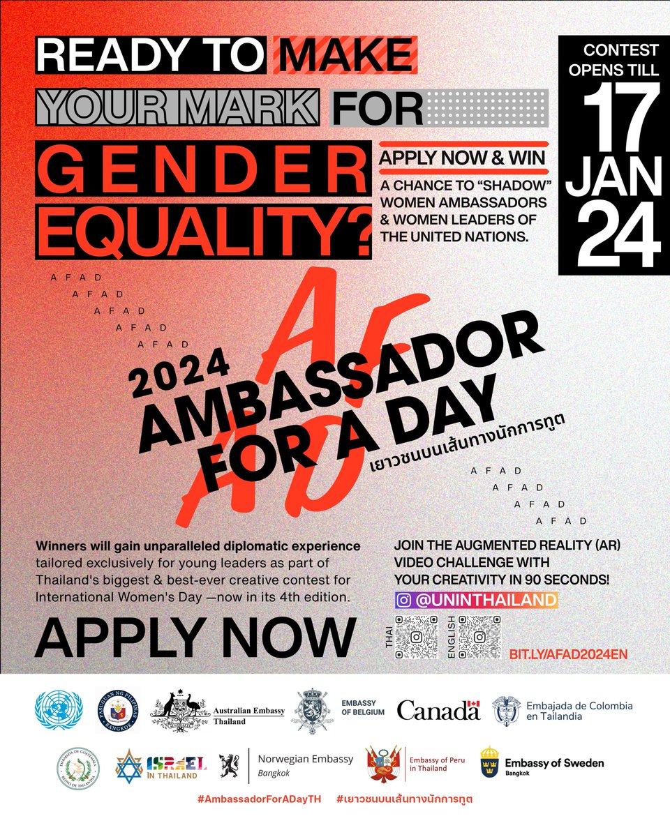 UN_Armida's tweet photo. It's my absolute delight to support the #AmbassadorForADayTH initiative by @UNThailand every year!

I can't wait to meet &amp; learn from a new group of #youth changemakers who are championing #GenderEquality. #IWD2024

Apply by 17 January: https://t.co/qCOjulkLdj https://t.co/2NZLBerht5