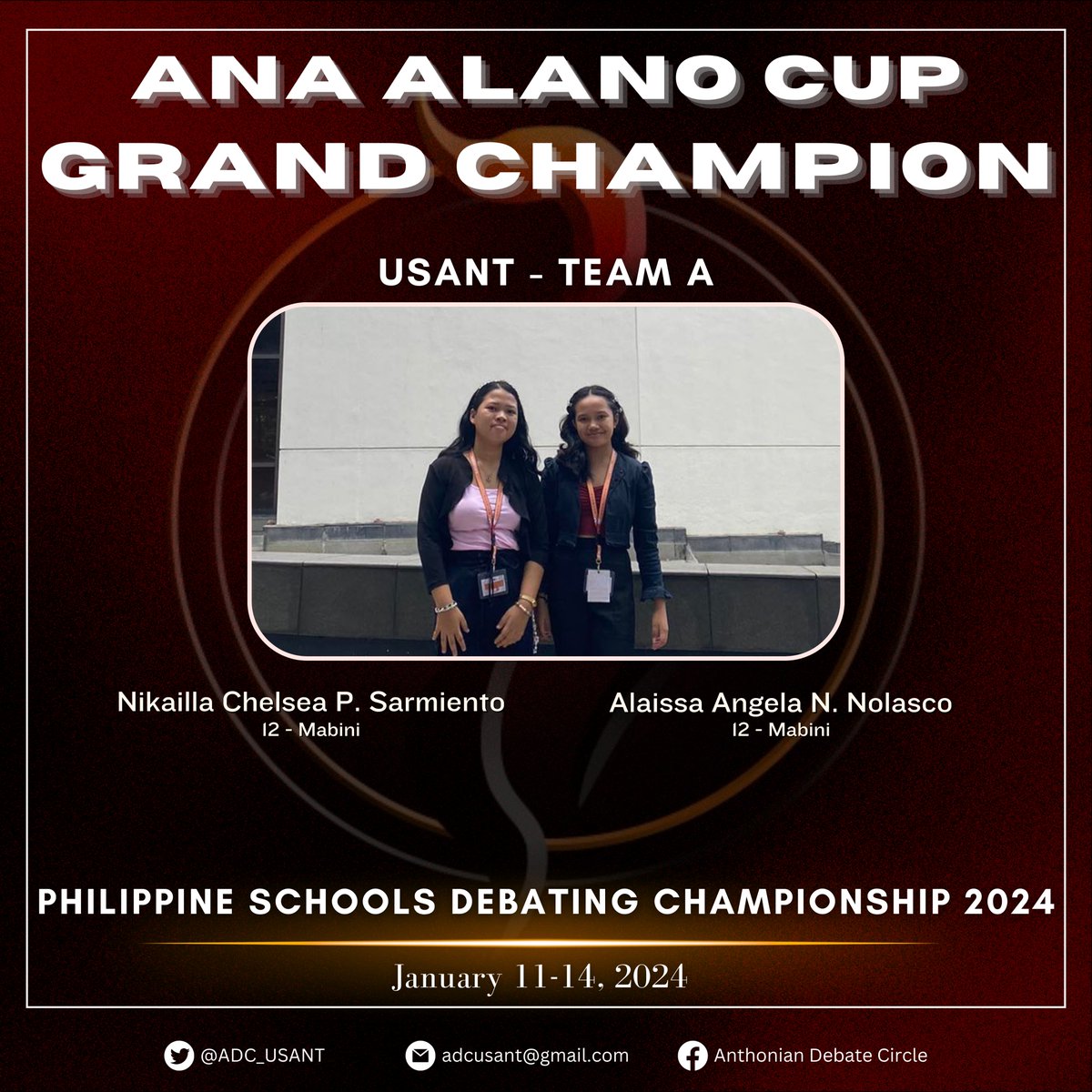 ADC_USANT's tweet photo. The 𝗔𝗻𝘁𝗵𝗼𝗻𝗶𝗮𝗻 𝗗𝗲𝗯𝗮𝘁𝗲 𝗖𝗶𝗿𝗰𝗹𝗲 celebrates as two of its contingent bagged awards at 𝘗𝘚𝘋𝘊 2024, held last January 11-14, 2024 at the Ateneo de Manila University.  

𝗖𝗼𝗻𝗴𝗿𝗮𝘁𝘂𝗹𝗮𝘁𝗶𝗼𝗻𝘀, 𝗔𝗗𝗖 𝗗𝗲𝗯𝗮𝘁𝗲𝗿𝘀! ❤️‍🔥 https://t.co/hDCwWSIQiB