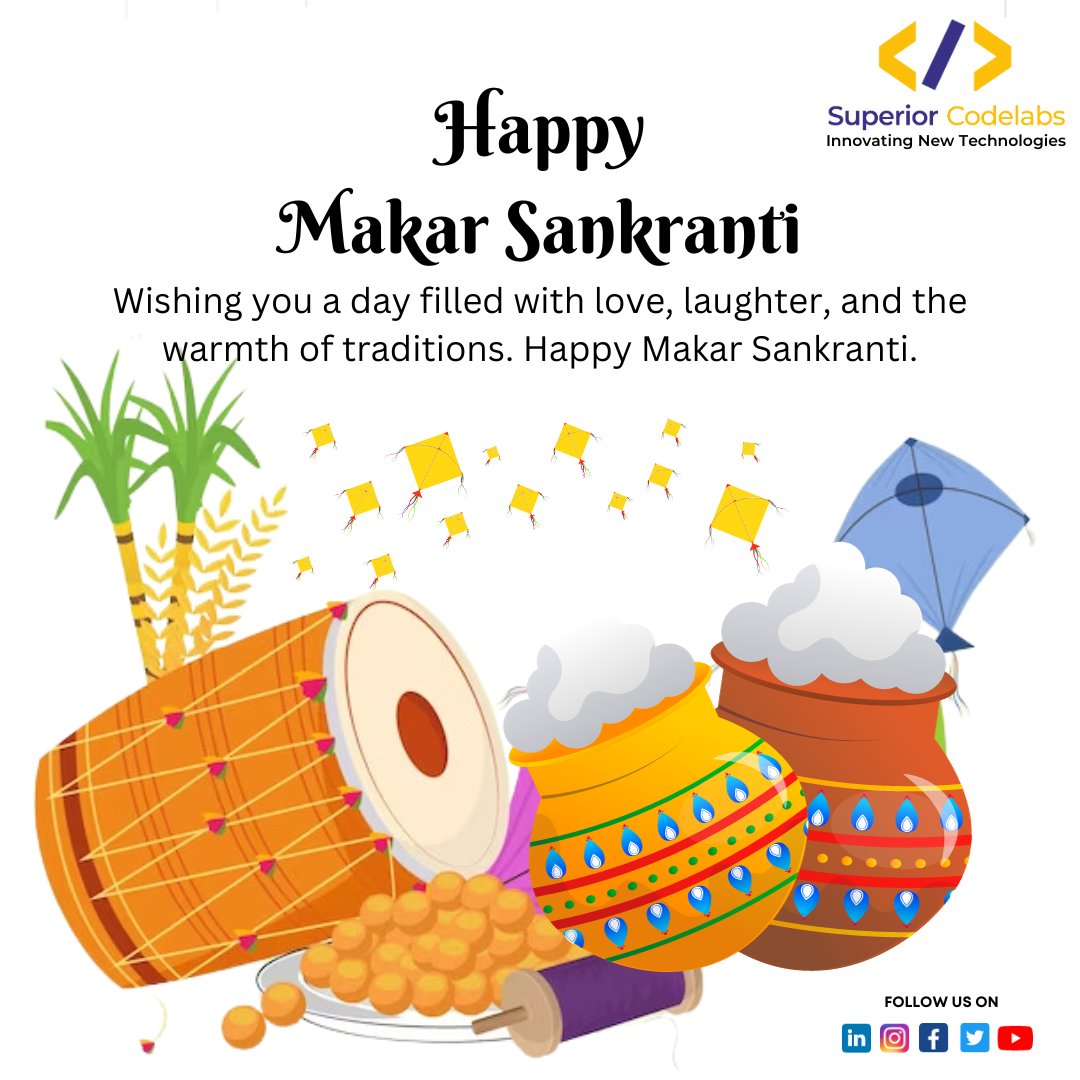 sup_codelabs's tweet image. Wishing you a sky full of kites, a heart full of happiness, and the sweet taste of til-gul! Happy Makar Sankranti! 🪁🌞 

#SuperiorCodelabs #FestivalVibes #JoyfulMoments
