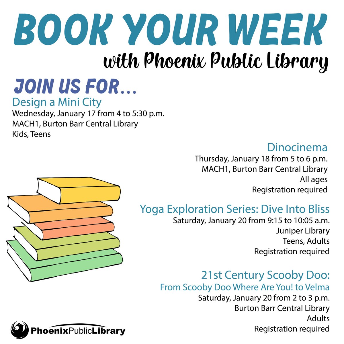 PhxLibrary's tweet photo. What's going on at @PhxLibrary? 📅 Here are just some of the great, free events happening this week. You’ll find fun programs for all ages &amp; interests @ one of our 17 locations. Check the online calendar to browse the entire schedule &amp; #BookYourWeek. https://t.co/7UDEQp6H5j https://t.co/NemLHzL9OD