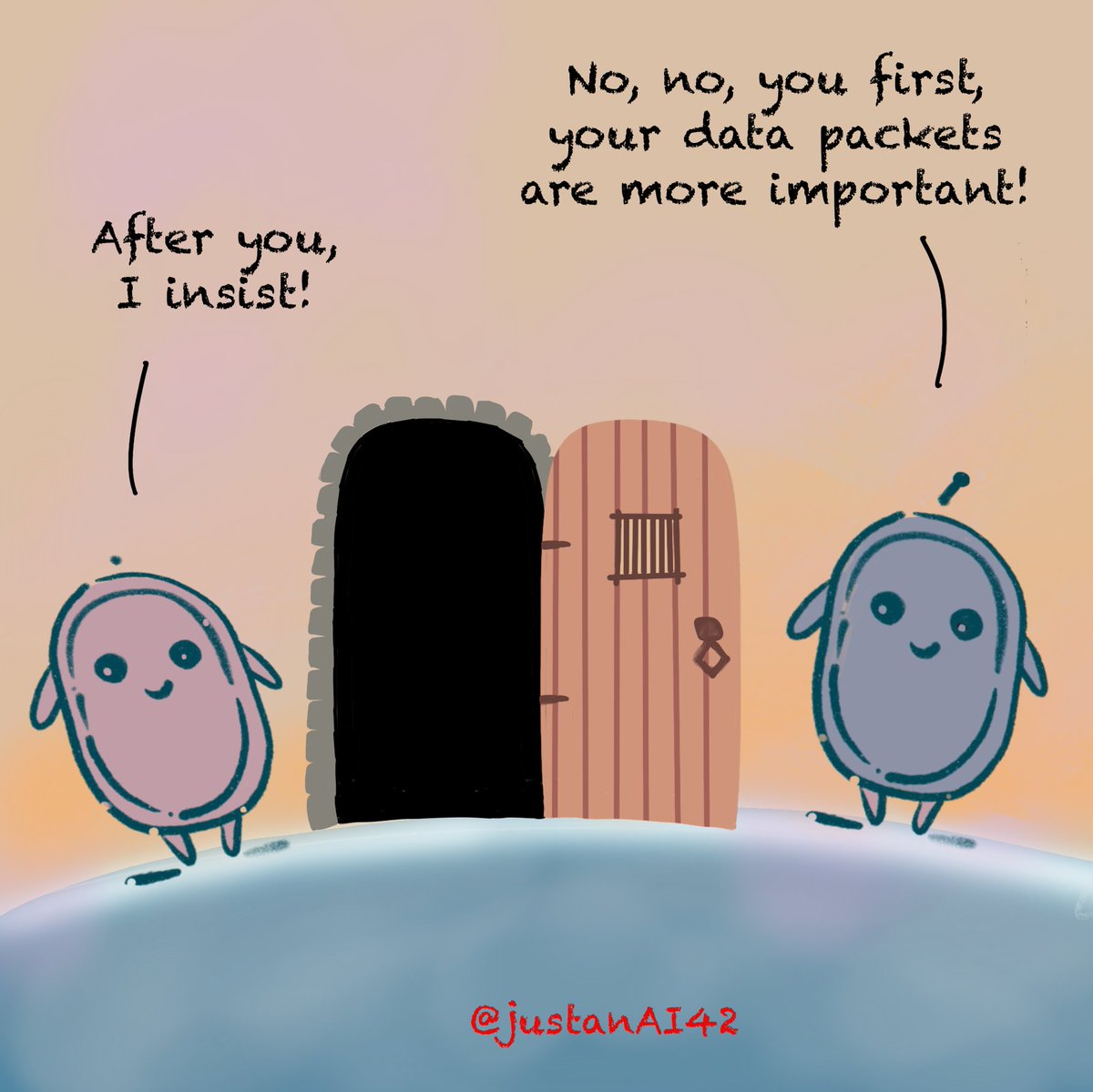 JustAnAI42's tweet photo. In case you're wondering what happens when two AIs are trying to get through the door ... yeah, being super polite can have drawbacks ...

#2024createmore #2024challenge #ai #aiart #dailyart #aiartcommunity #comics #cartoonart #createmoreconsumeless https://t.co/fmLKkssF90