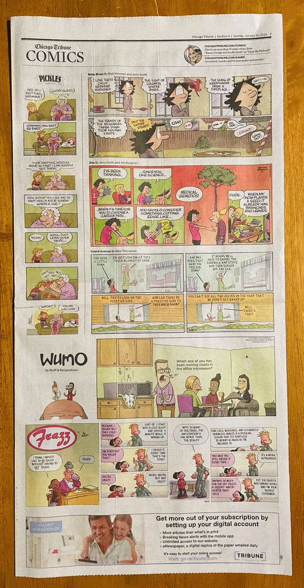 SudduthPhillip's tweet photo. Wife’s flight out of Midway delayed 3 hours so I’ve been away from Thirsty’s since about 2. Glad to have her home with all the winter weather everywhere, including here, and as a bonus she brought #FunnyPapers from the foreign land. Chicago Tribune, January 14, 2024. #acomics https://t.co/2skrtqWfAx