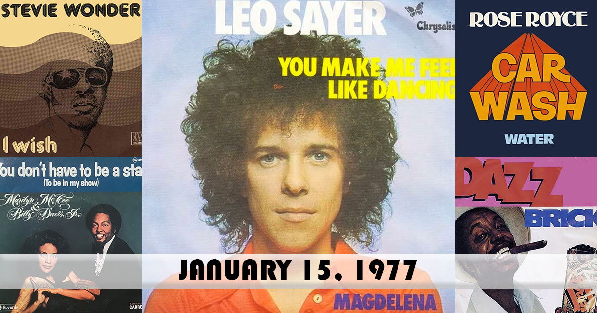 ChartsArchive's tweet photo. Here were the top songs on this day in 1977:
1. "You Make Me Feel Like Dancing" - #LeoSayer
2. "I Wish" - #StevieWonder
3. "Car Wash" - #RoseRoyce
4. "You Don't Have To Be A Star" - #MarilynMcCoo & #BillyDavisJr
5. "Brick" - #Dazz https://t.co/mmYOPsnKIM