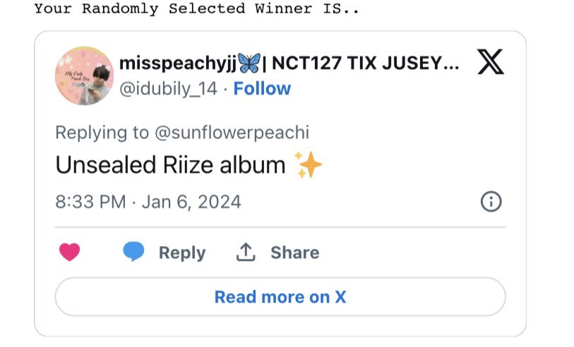 sunflowerpeachi's tweet photo. CONGRATULATIONS album GA winner!
@idubily_14
Please DM me nalang po to claim 🫶🏻 thank you everyone hehe https://t.co/Wgy8KCu6hY