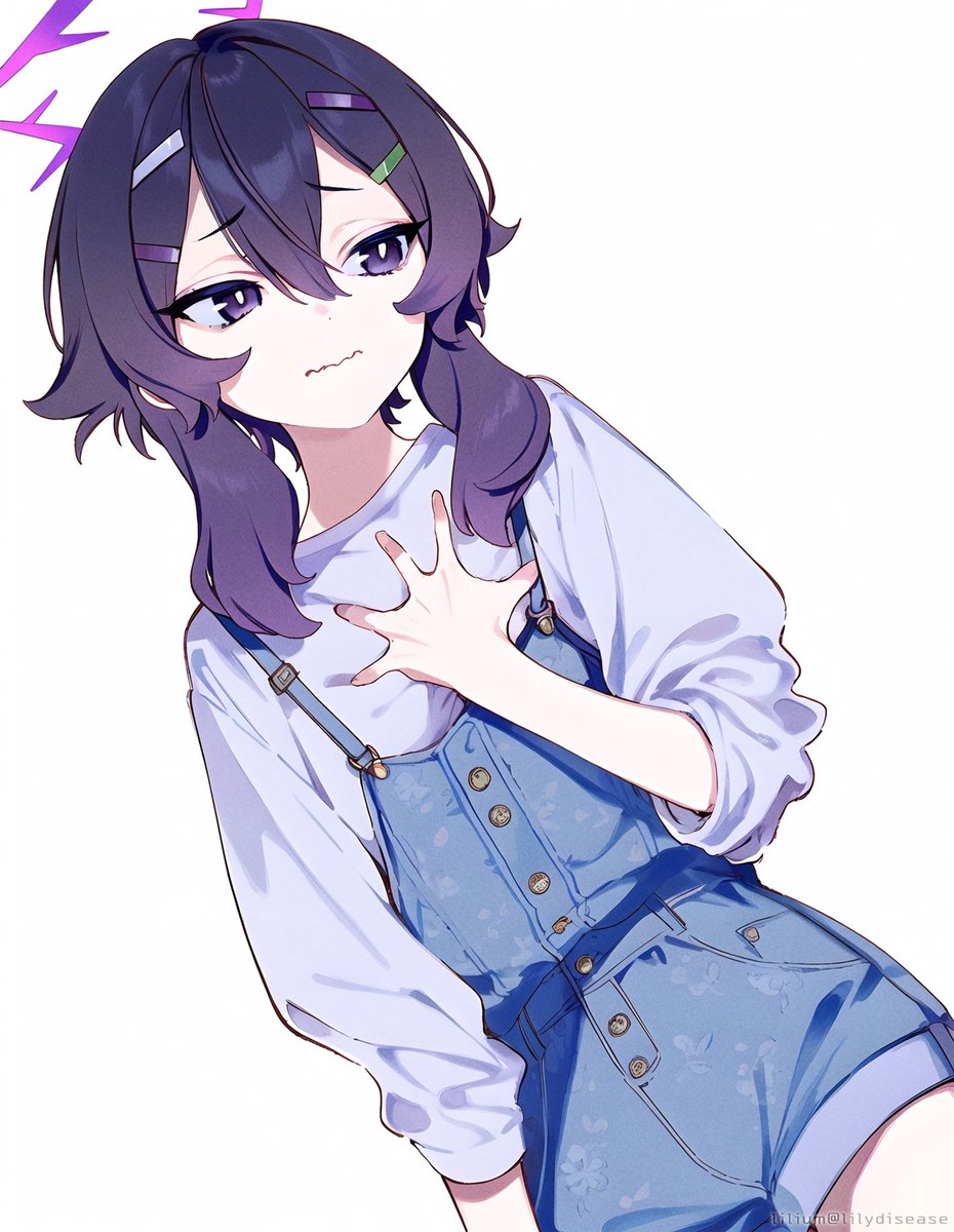 haruka (blue archive) 1girl overalls solo halo hair ornament hairclip purple hair  illustration images