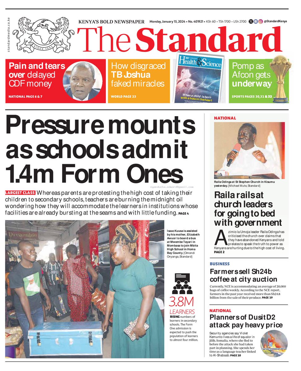 nyanducha's tweet photo. Today's newspaper headlines.

Monday, 16th January 2024.

#ePaper #Gazeti #Magazeti #Kenya #CiscoMeraki #UbibotTemperatureHumiditySensors #IoT #VictorockKenya #AgnesNgetich #CCTV #LizWanyoike #TRMDrive https://t.co/y1V9Vu9i9x
