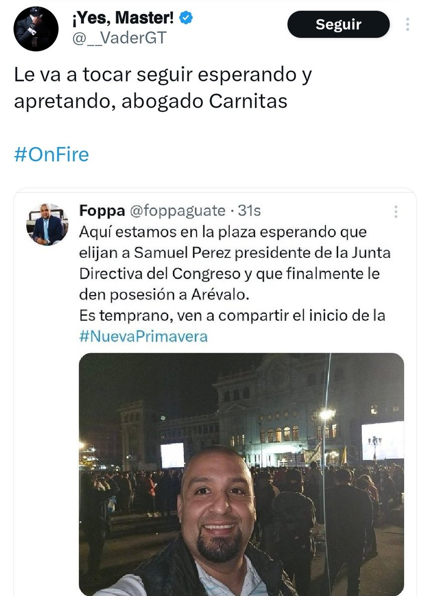 foppaguate's tweet photo. Aquí en la plaza los veo netcenters hijos de la gran puta.

Aquí estaré con el Presidente Bernardo Arévalo y el Presidente Samuel Pérez.

#NuevaPrimavera https://t.co/uV3ZFgpBhU