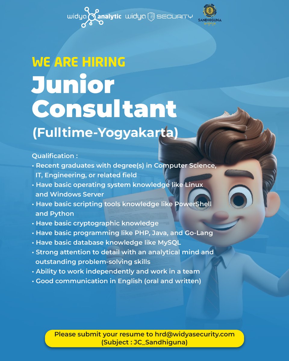 widyasecurity's tweet photo. #loker
Widya Security membuka lowongan pekerjaan (on site Yogyakarta) untuk beberapa posisi:

1. Junior Consultant
2. Software Engineer
3. DevOps
4. Product Owner

Informasi syarat &amp; ketentuan lebih detail terdapat pada poster. Kirim CV Anda melalui email hrd@widyasecurity.com ☺️ https://t.co/TPyMJzIFsL
