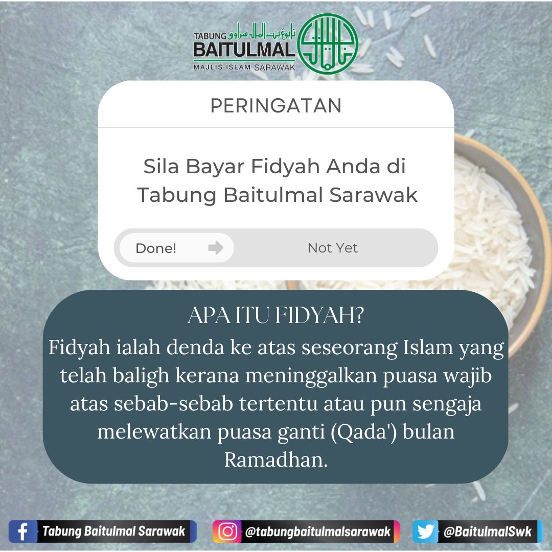 BaitulmalSwk's tweet photo. "BAYAR FIDYAH SEBELUM RAMADHAN TIBA"

APA ITU FIDYAH?
Fidyah ialah denda ke atas seseorang Islam yang telah baligh kerana meninggalkan puasa wajib atas sebab-sebab tertentu atau pun sengaja melewatkan puasa ganti (Qada') bulan Ramadhan. https://t.co/7glm7KFVOe