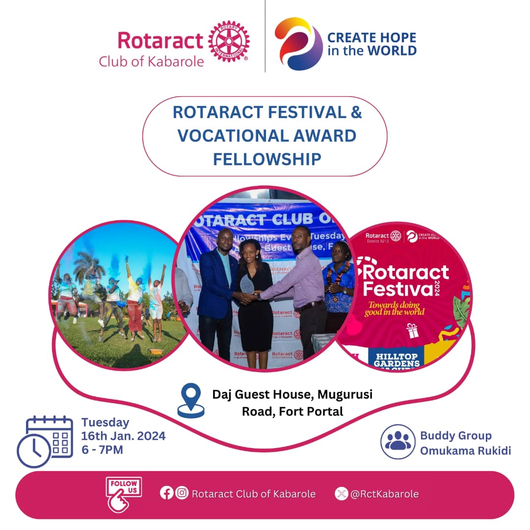 RctKabarole's tweet photo. Greetings, partners in service.Buddy Group Omukama Rukidi is inviting you all for the Rotaract festival and Vocational award awareness fellowship on Tuesday, the 16th, day of January 2024.
@EmmaLukeera @RotaractD9213 @RotaryMedia256 @rotaractkaihura @OfKabarole @atwookientale https://t.co/x7I0OWRJC4